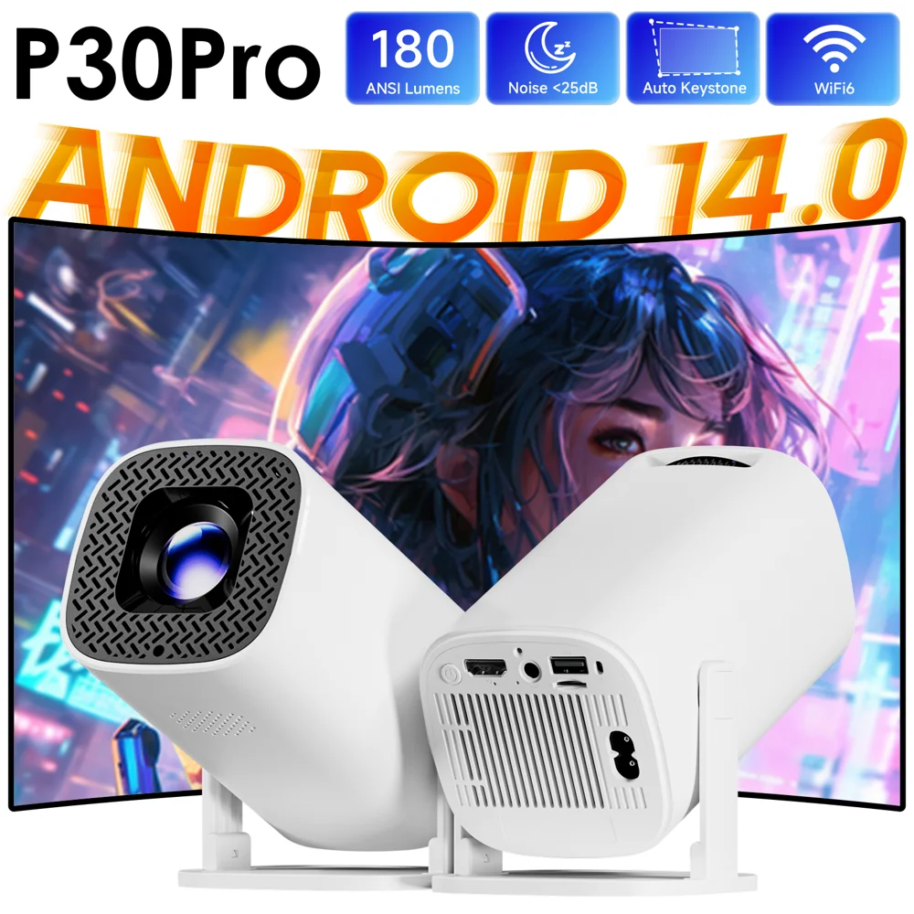 P30PRO 안드로이드 14 스마트 미니 프로젝터 WiFi6 BT 5.0 4K 1280 * 720P 지원 스크린 미러링 홈 시어터 프로젝터 지원