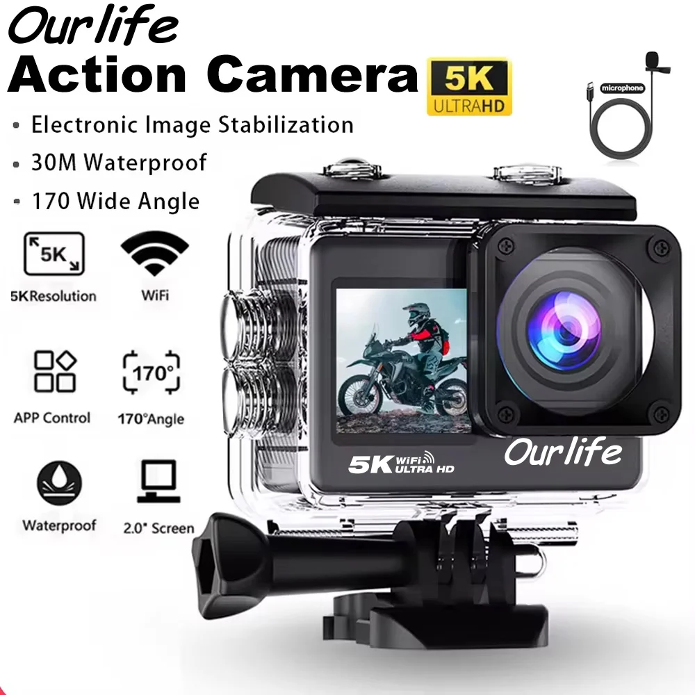 Ourlife 5K 액션 카메라 4K60FPS 2.0인치 터치 스크린 WiFi 170 ° 광각 30M 방수 자전거 오토바이 스포츠 카메라